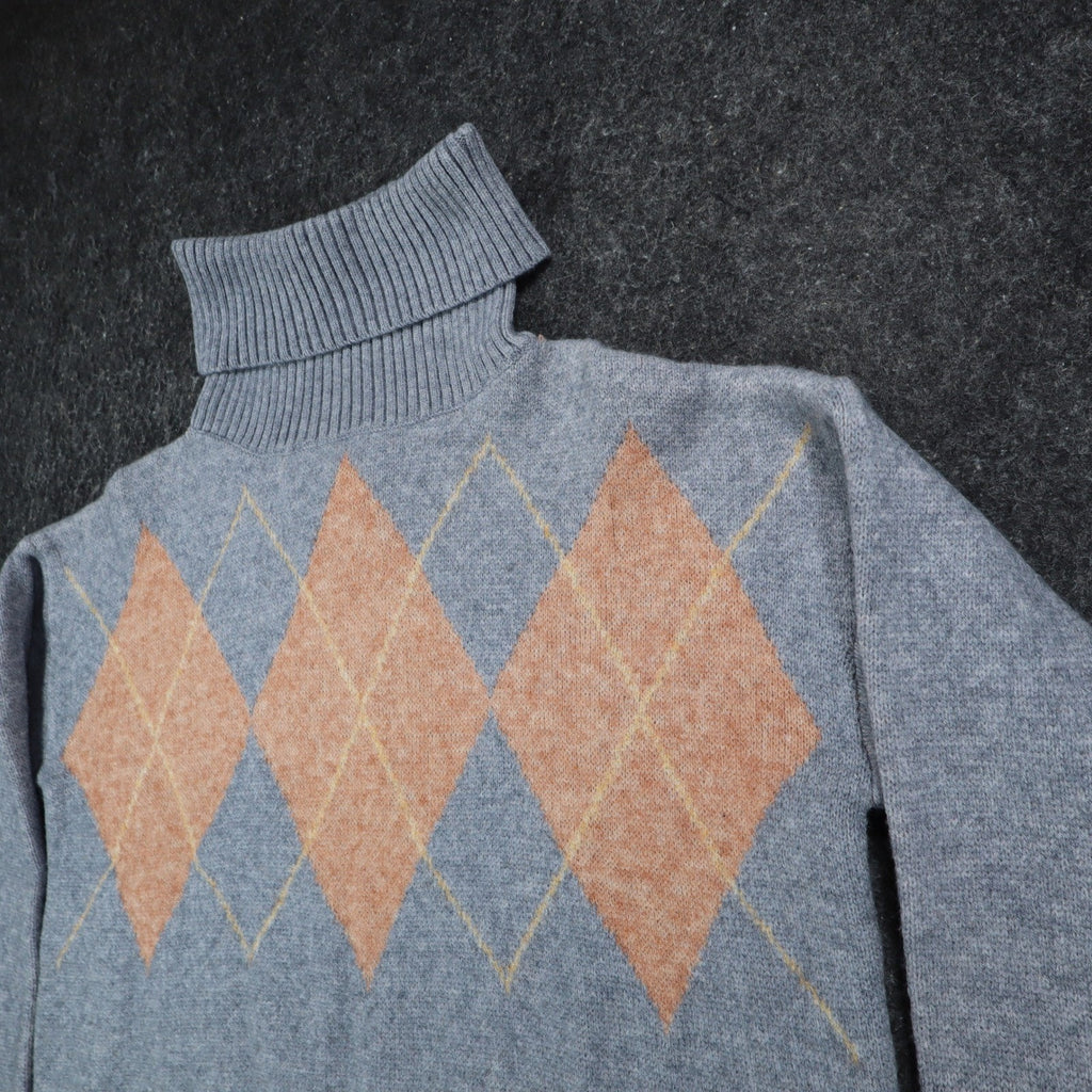 Hem & Thread Argyle Turtleneck Sweater Womens Medium Grey Peach Knit 30984 NEW