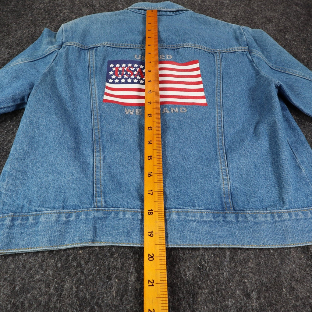 Tabloid Denim Jacket Medium Y2K Blue Cotton United We Stand USA Flag Graphic