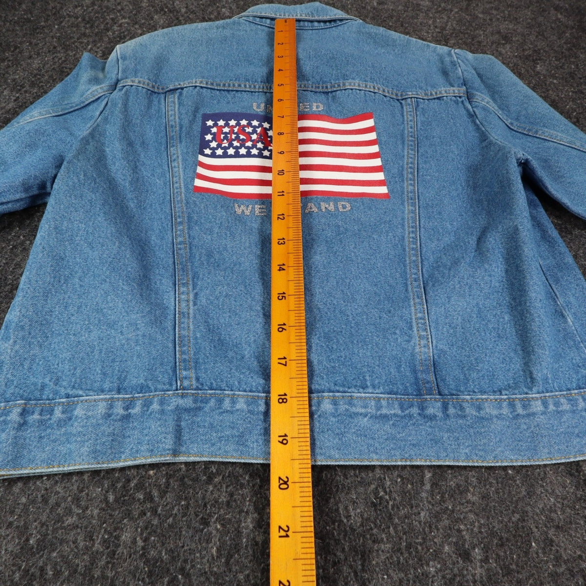 Tabloid Denim Jacket Medium Y2K Blue Cotton United We Stand USA Flag Graphic