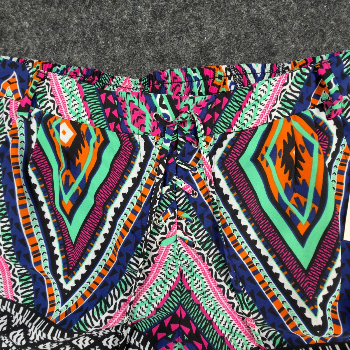 My Michelle Tribal Shorts NWT Womens L Multicolor Lace Up Pom Pom Hem