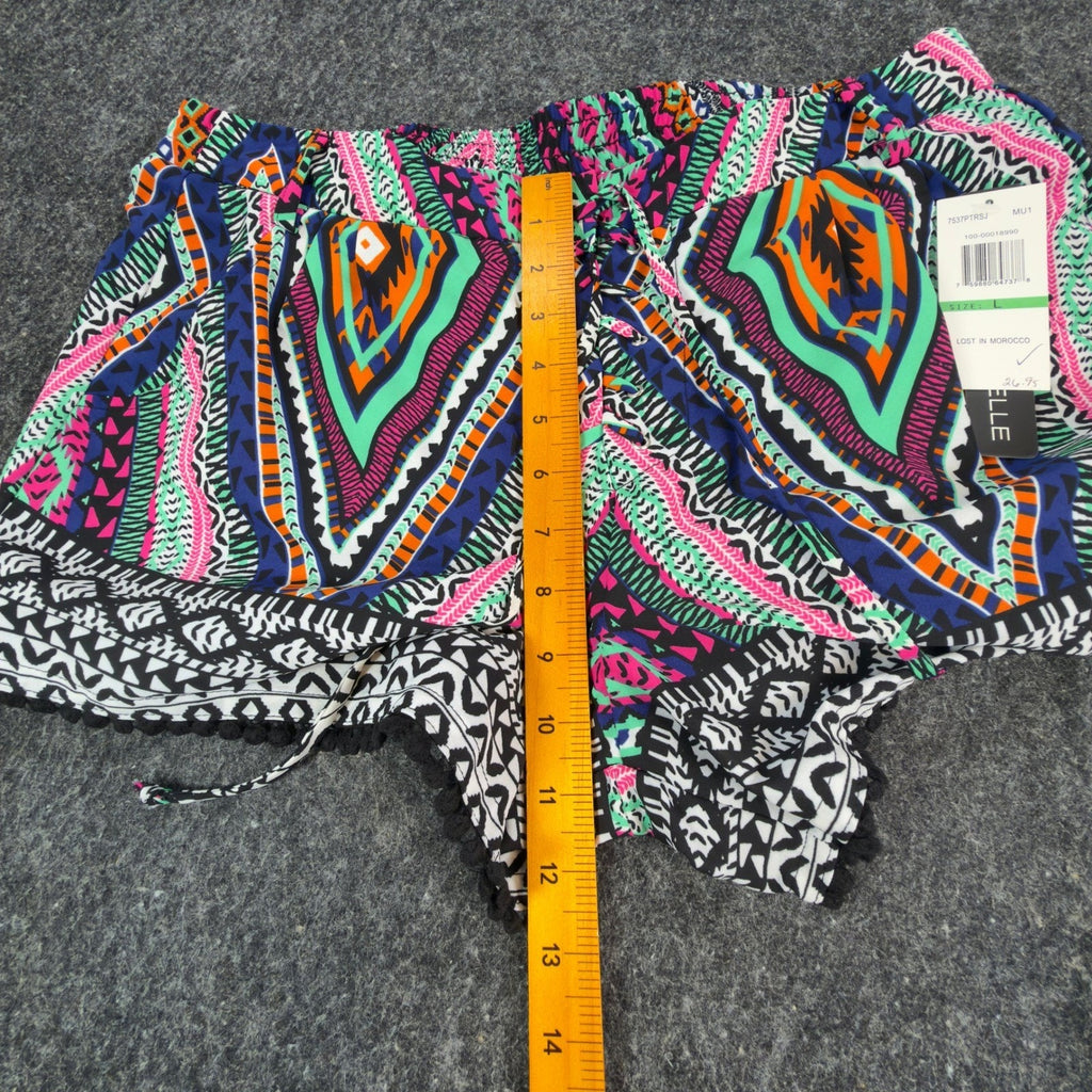 My Michelle Tribal Shorts NWT Womens L Multicolor Lace Up Pom Pom Hem