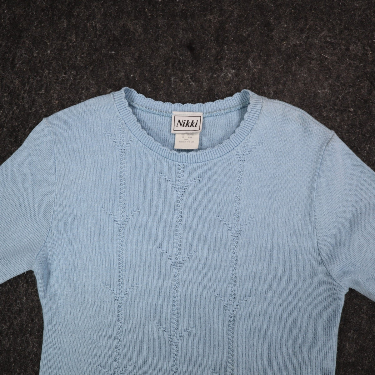 Nikki Short Sleeve Sweater Womens Small Petite Vintage 90s Dove Blue Pointelle