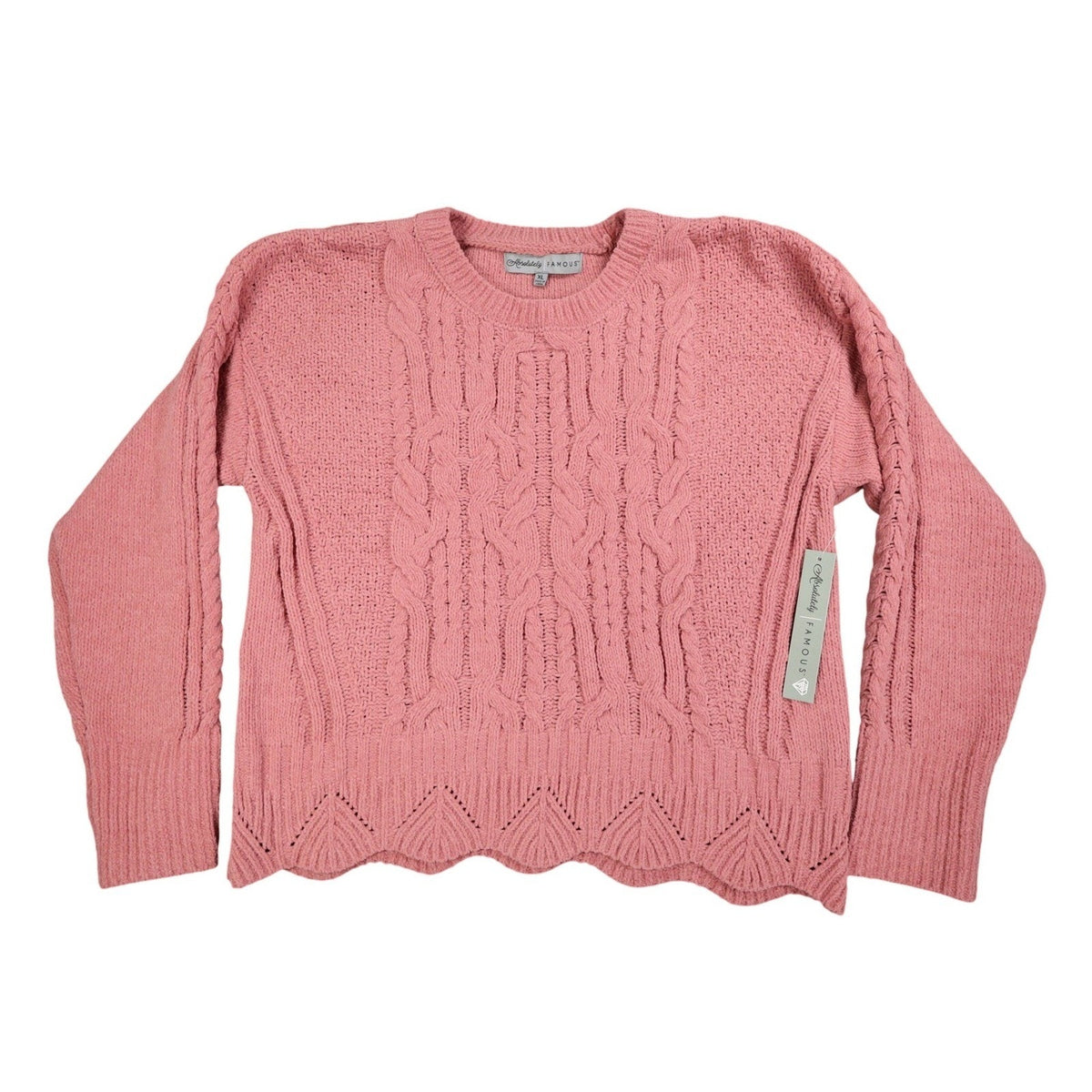 Absolutely Famous Chenille Cable Knit Sweater Womens XL Pink Scalloped Hem NEW