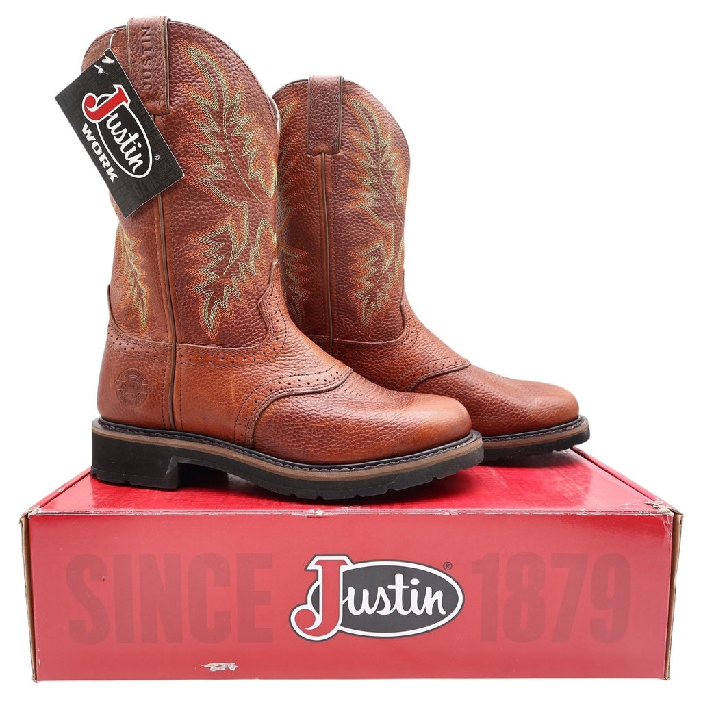 Justin Modern Stampede Work Boots Mens 8.5 D Tan Leather Western NWT Box WK4655