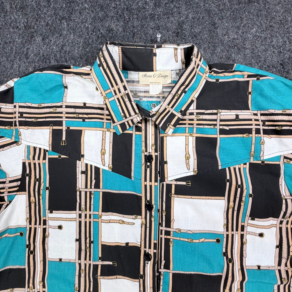 Maria O Design Vintage 90s Western Shirt Womens 3X Teal Cotton Equestrian Print - take2supply