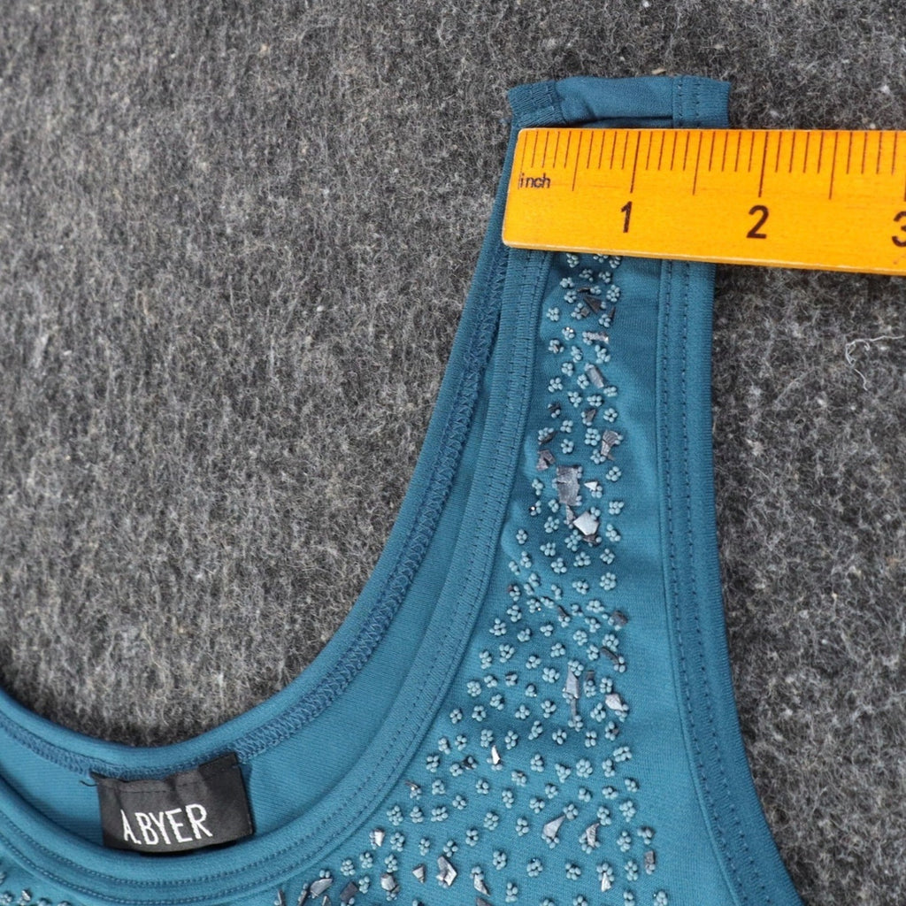 A. Byer Tank Top Womens Medium Y2K Teal Blue Ruched Beaded Stretch C799