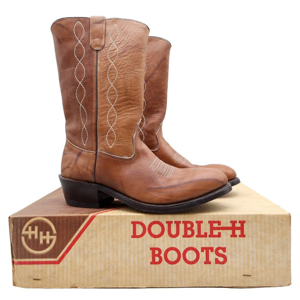 Vintage 80s Double-H 1507 Tan Leather Steel Toe Western Boots Men's 10 EE Wide NWT