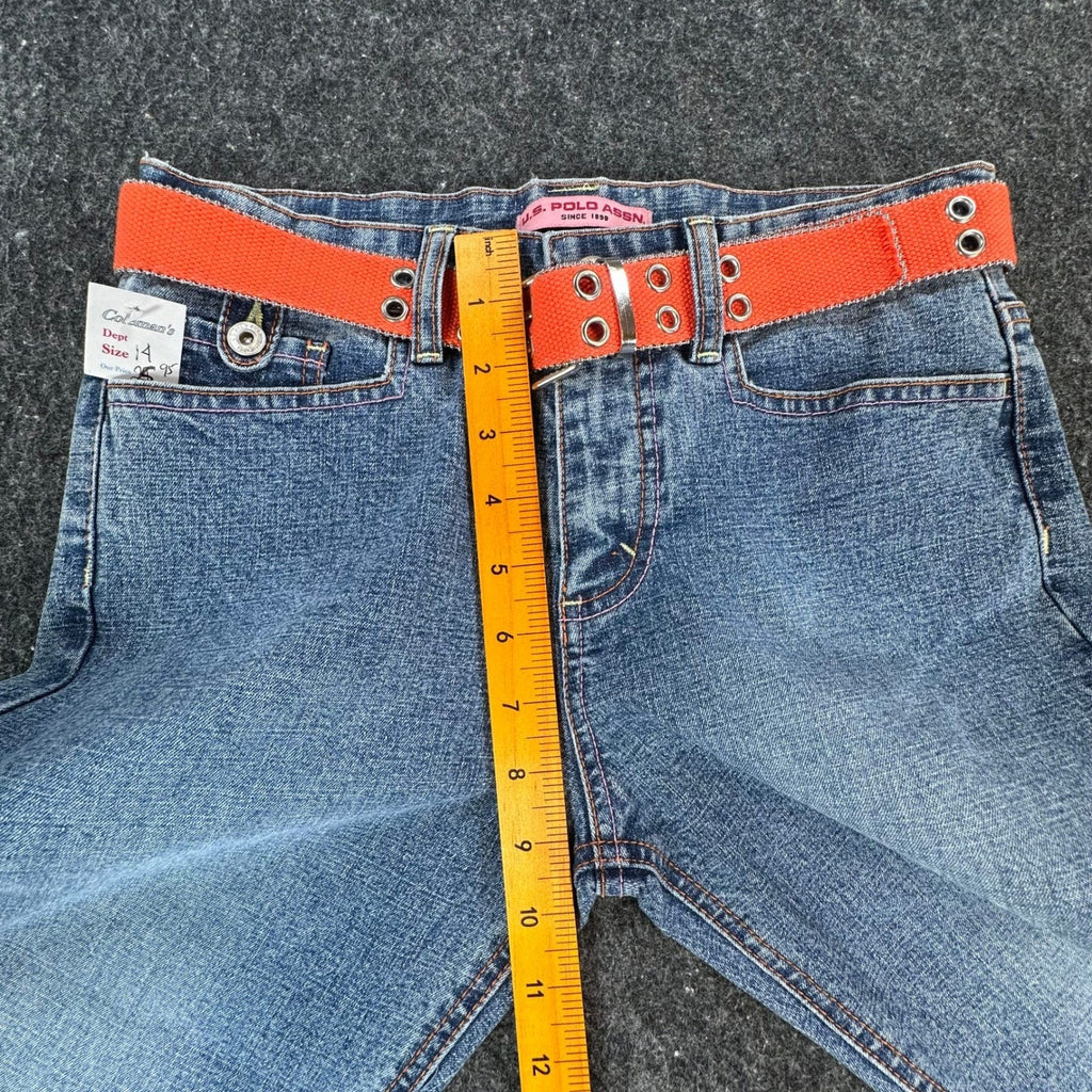 US Polo Assn Vintage Y2K Flare Jeans Girls 14 Blue Denim Orange Belt NWT