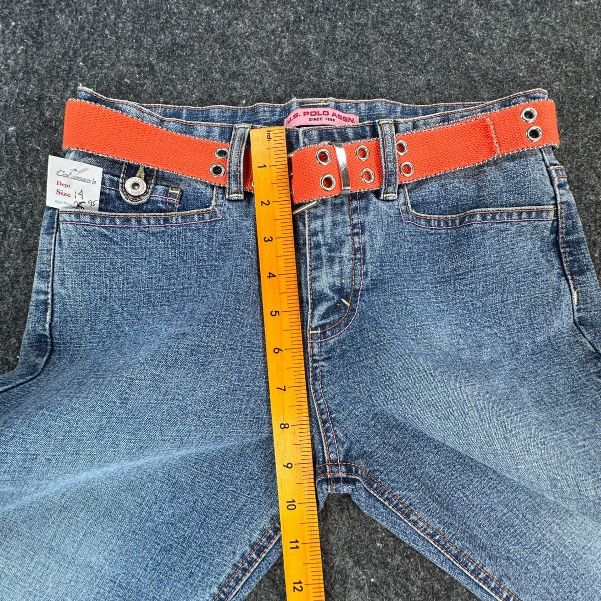 US Polo Assn Vintage Y2K Flare Jeans Girls 14 Blue Denim Orange Belt NWT