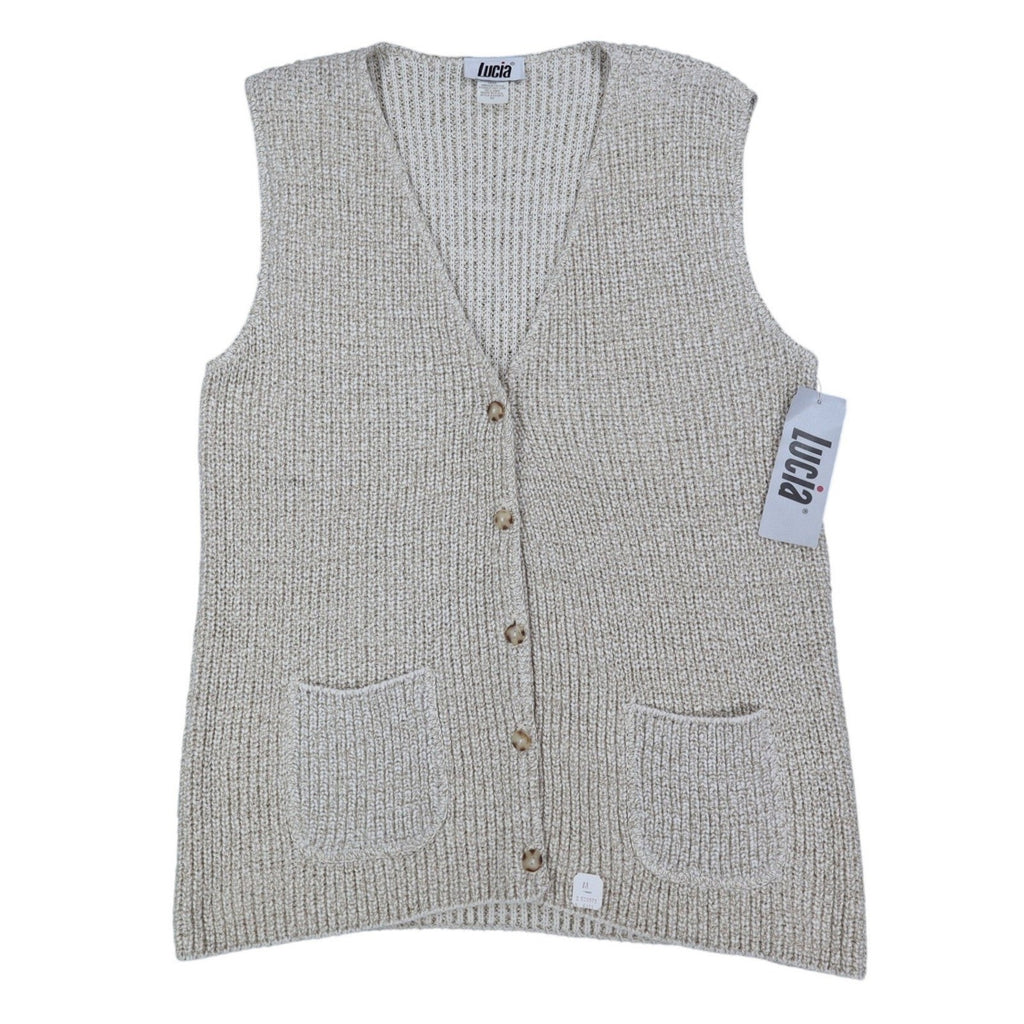 Lucia Sweater Vest Womens Medium Vintage 90s Beige Cotton Knit Button Front USA