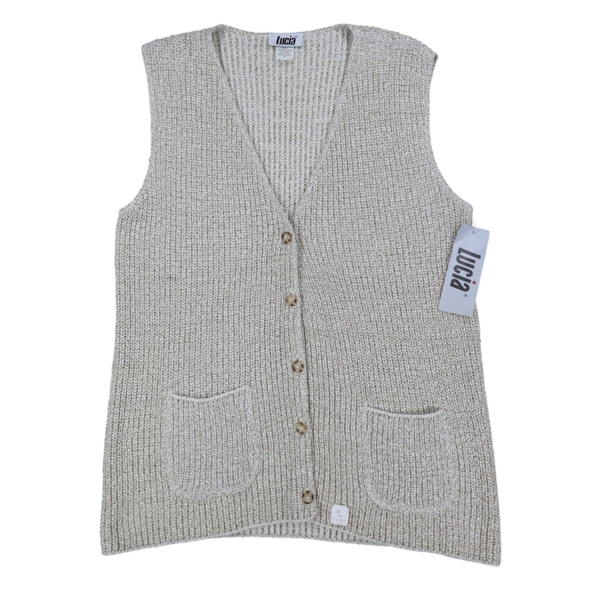 Lucia Sweater Vest Womens Medium Vintage 90s Beige Cotton Knit Button Front USA