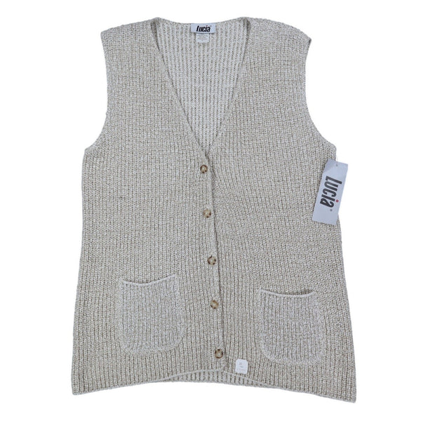Lucia Sweater Vest Womens Medium Vintage 90s Beige Cotton Knit Button Front USA