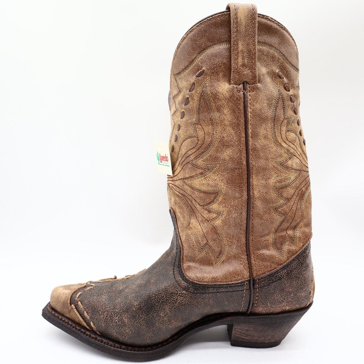 Laredo Western Cowboy Boots Women 7.5 M Black Tan Laced Tip Leather NWT