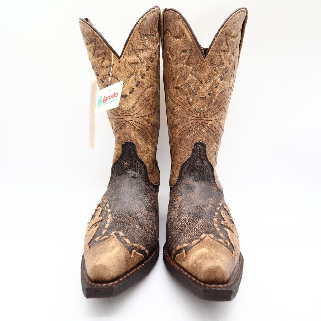 Laredo Western Cowboy Boots Women 7.5 M Black Tan Laced Tip Leather NWT