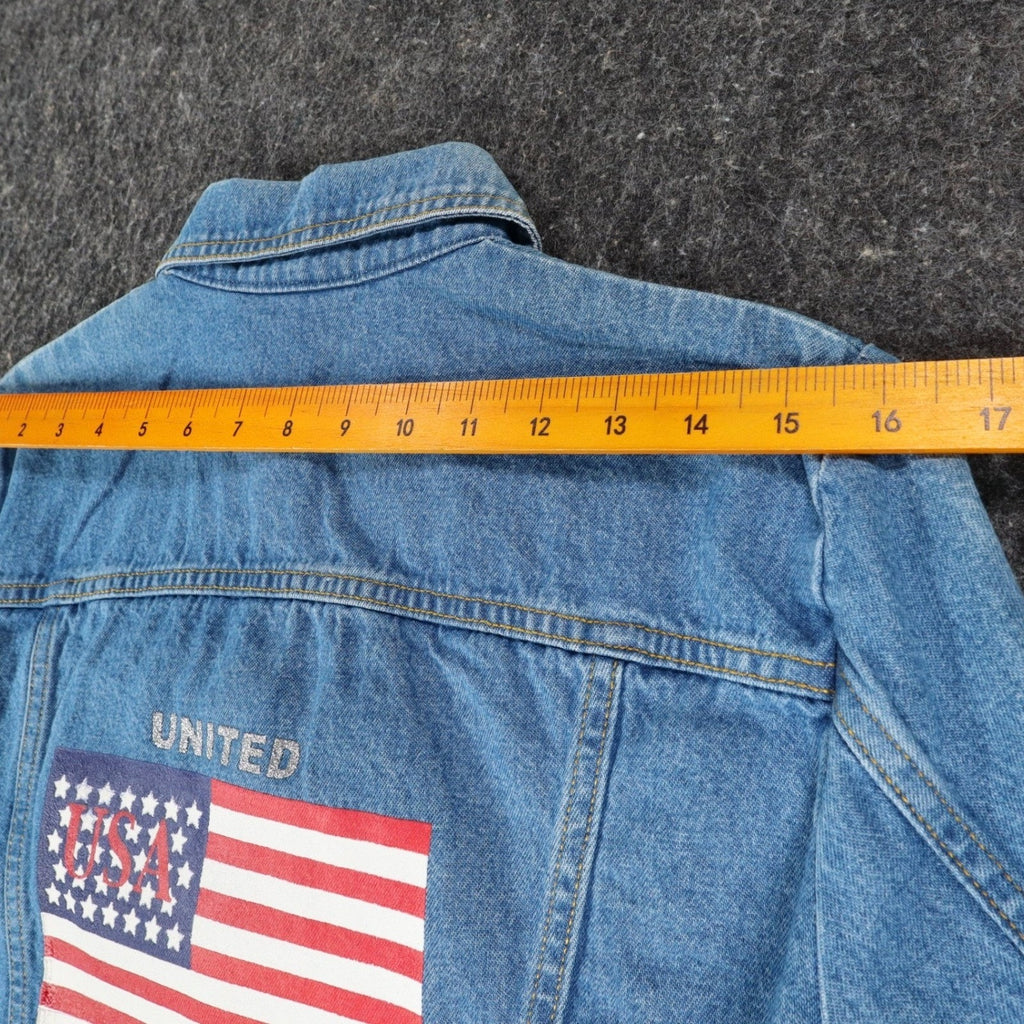 Tabloid Denim Jacket Womens Medium Y2K Blue Cotton USA Flag Graphic NWT