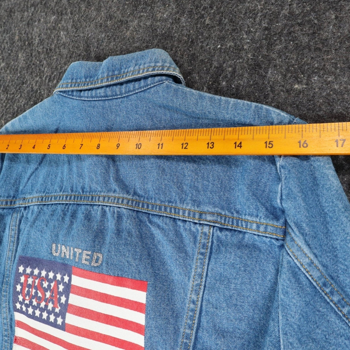 Tabloid Denim Jacket Womens Medium Y2K Blue Cotton USA Flag Graphic NWT