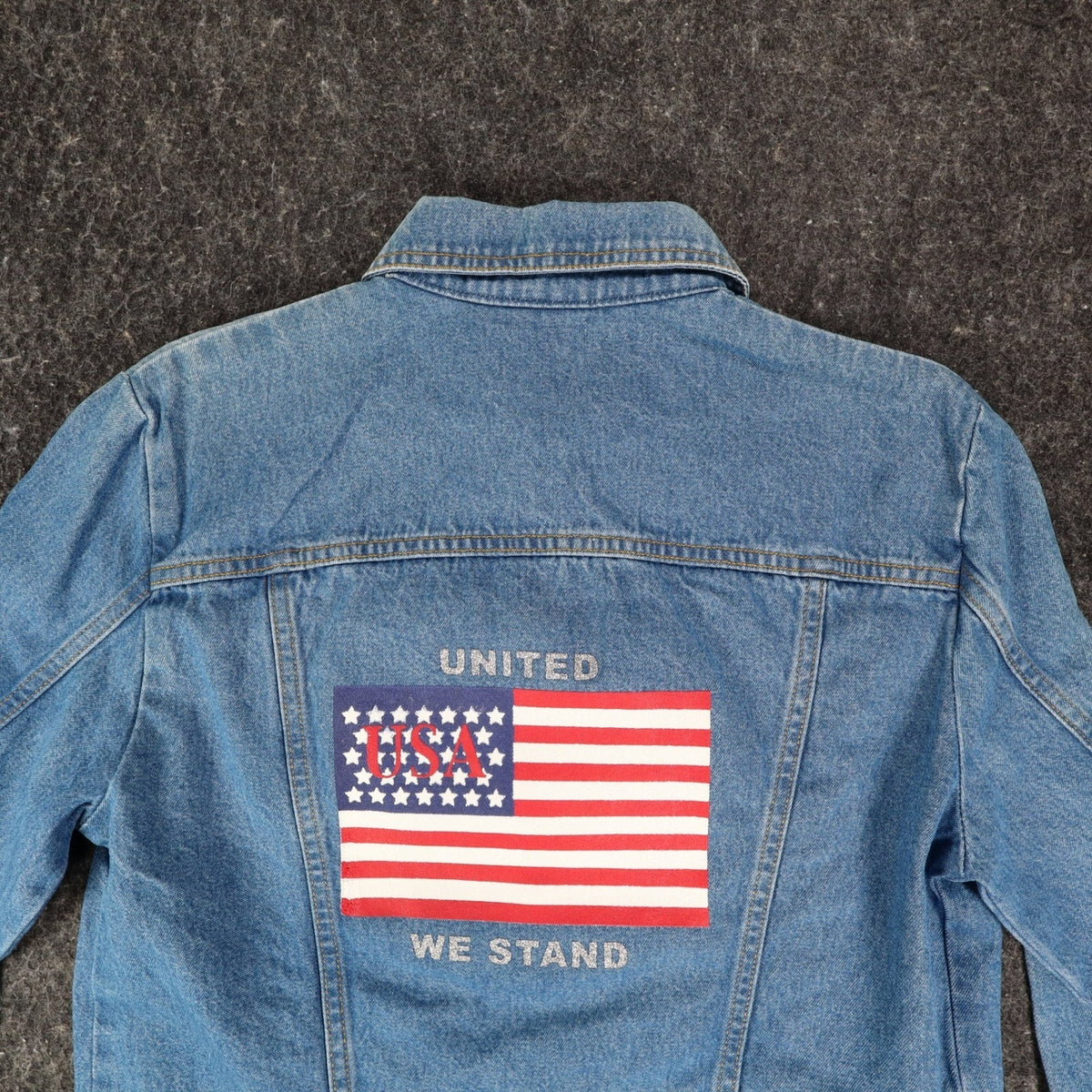 Tabloid Denim Jacket Womens Medium Y2K Blue Cotton USA Flag Graphic NWT