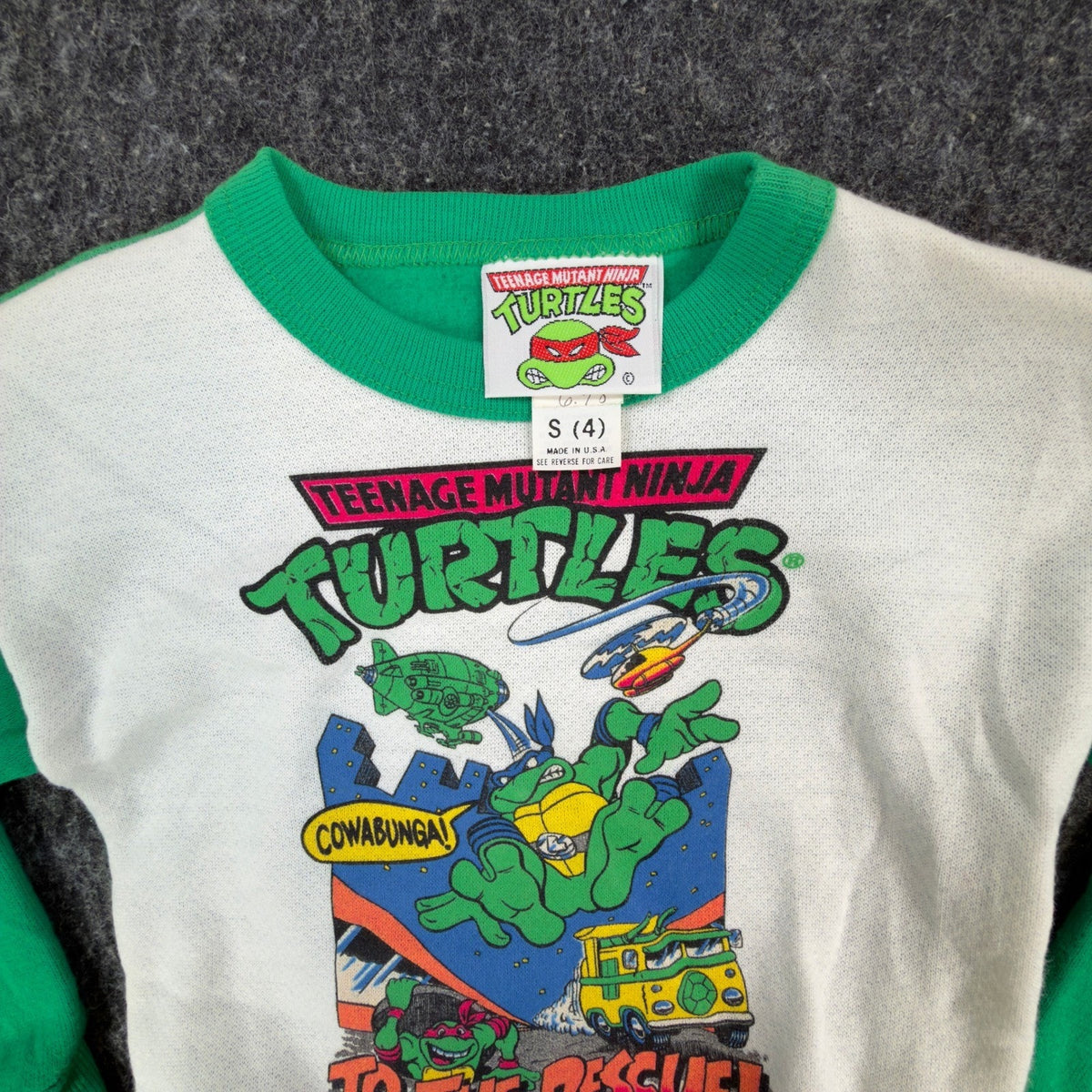 Vintage 80s TMNT Sweatshirt Kids Small 4 Green Raglan Made in USA 1989