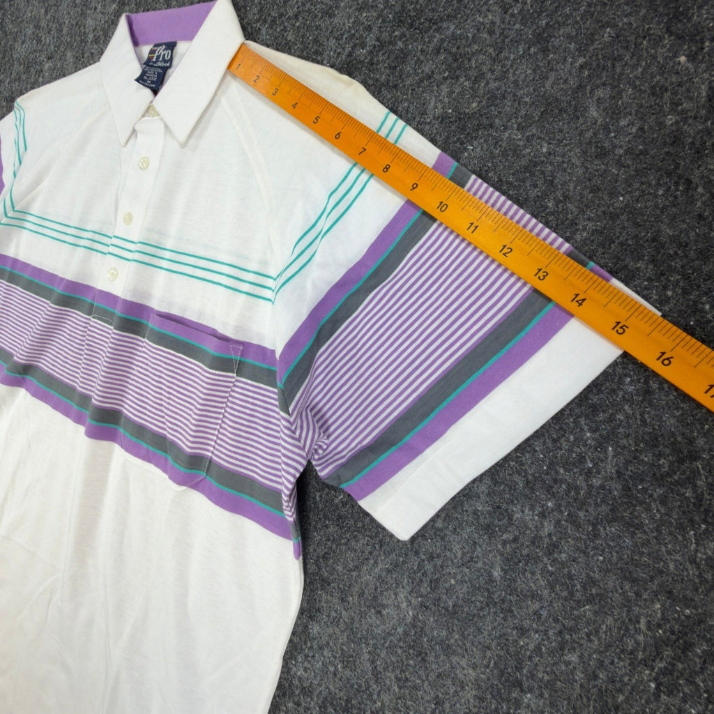 The Pro by Block Polo Shirt Mens Medium Vintage 90s White Purple Striped Pocket