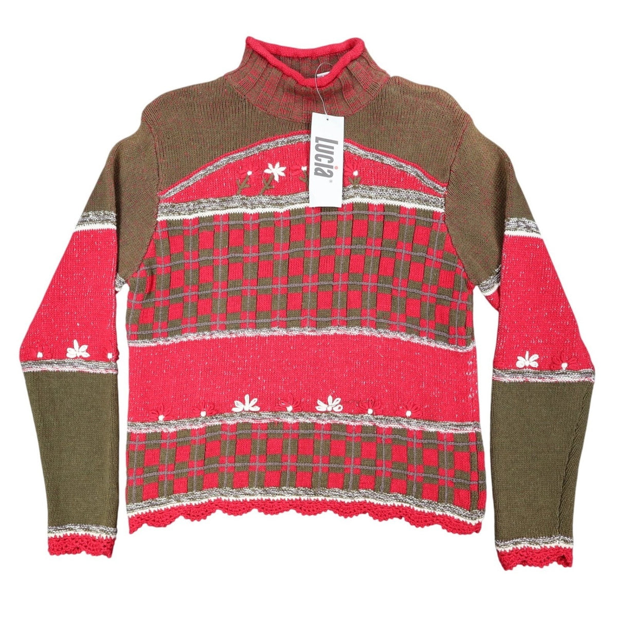 Lucia Sweater Womens Small Vintage 90s Red Green Floral Embroidered Mock Neck