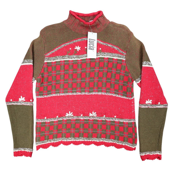 Lucia Sweater Womens Small Vintage 90s Red Green Floral Embroidered Mock Neck