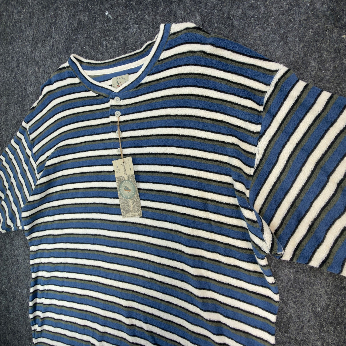 Vintage Ferruche Mens XL Henley Shirt Striped French Terry Blue White NWT 90s