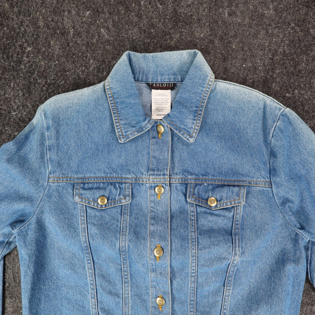 Tabloid Denim Jacket Medium Y2K Blue Cotton United We Stand USA Flag Graphic