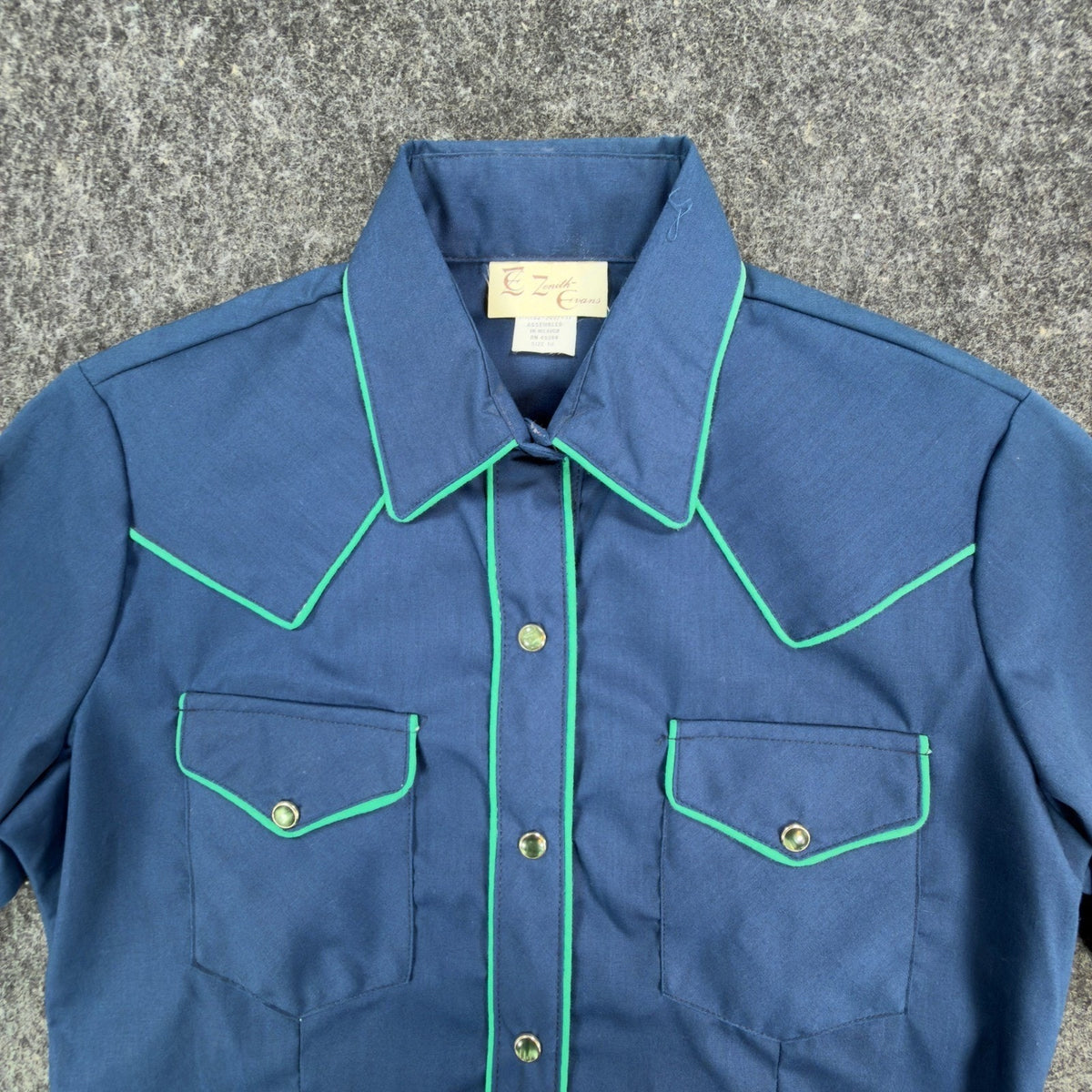 Zenith Evans Vintage 80s Shirt Womens 10 Blue Western Pearl Snap Green Piping
