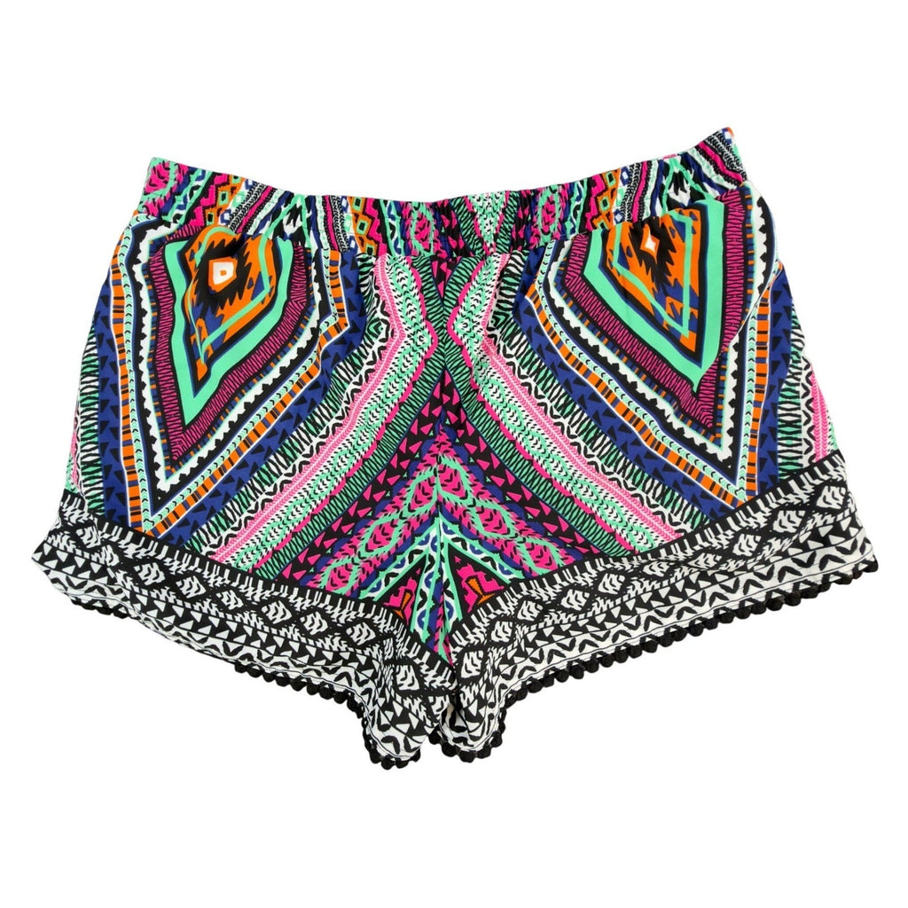 My Michelle Tribal Shorts NWT Womens L Multicolor Lace Up Pom Pom Hem