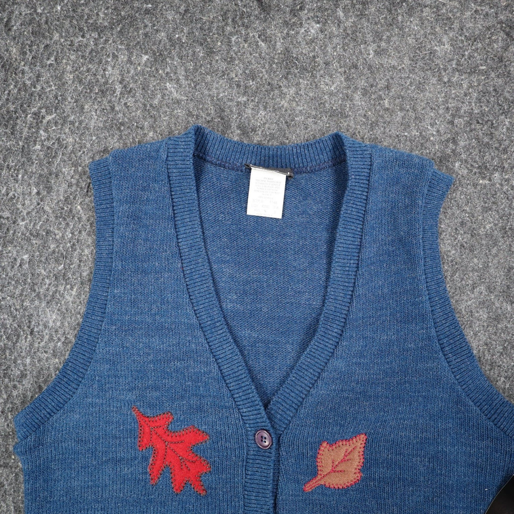 Southern Lady Sweater Vest Womens Small Vintage 90s Blue Leaf Knit Button Front
