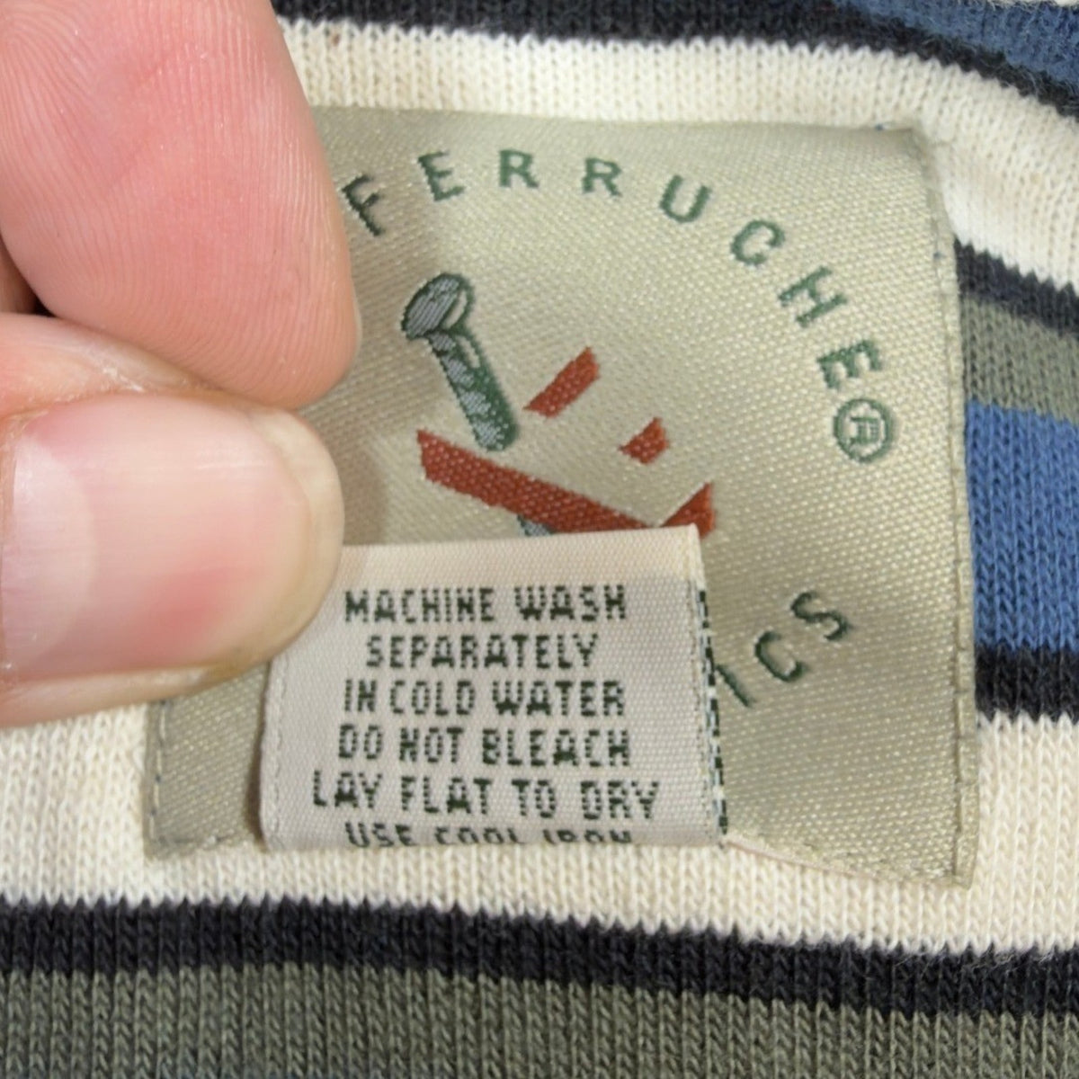 Ferruche Henley Shirt Mens Large Vintage 90s Indigo Blue Striped Cotton Terry