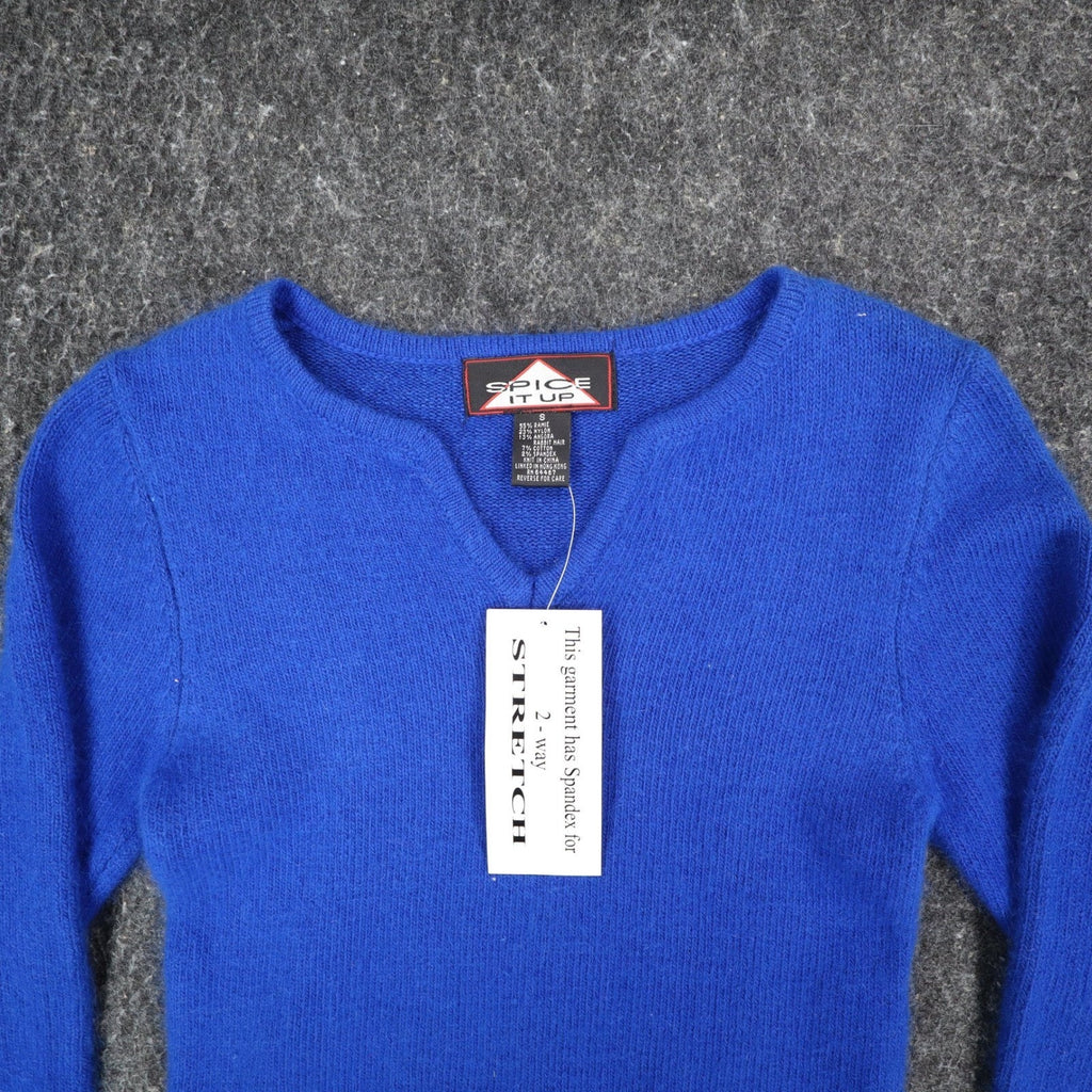 Spice It Up Sweater Womens Small Y2K Royal Blue Angora Blend Notched Neck