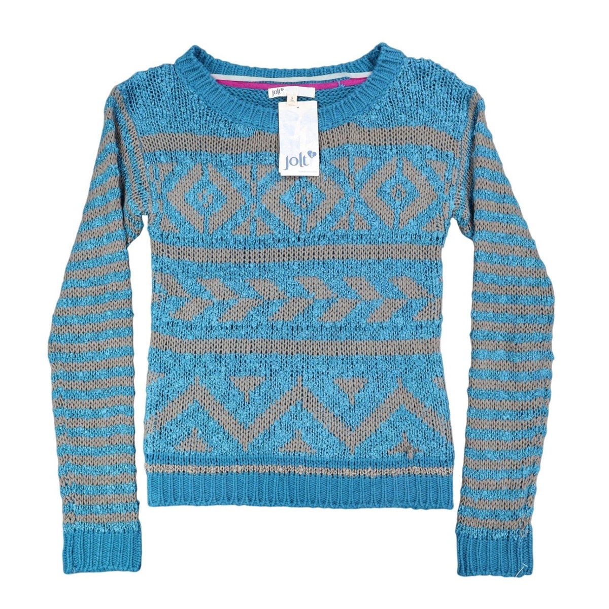 Jolt Sweater Womens Small Blue Gray Geometric Aztec Stripe Knit JS142YJZ NWT