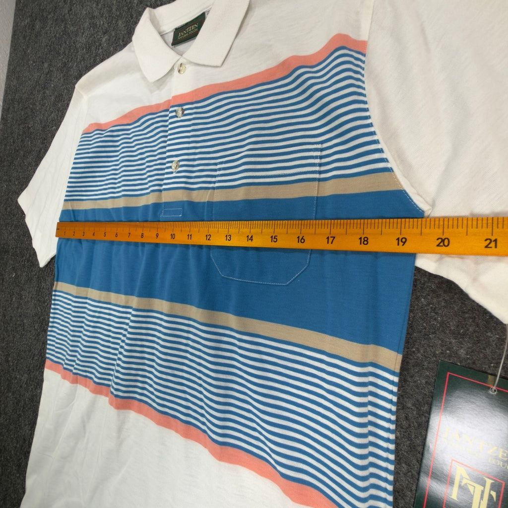 Jantzen Polo Shirt Mens Small Vintage 90s Mallard Blue Striped Pocket Deadstock
