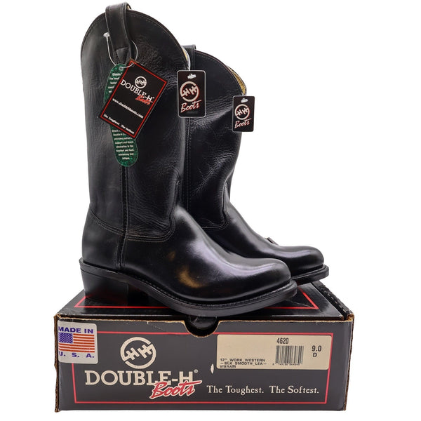 Double-H 4620 Work Western Boots Mens 9 D Black Leather NWT Made in USA Vibram