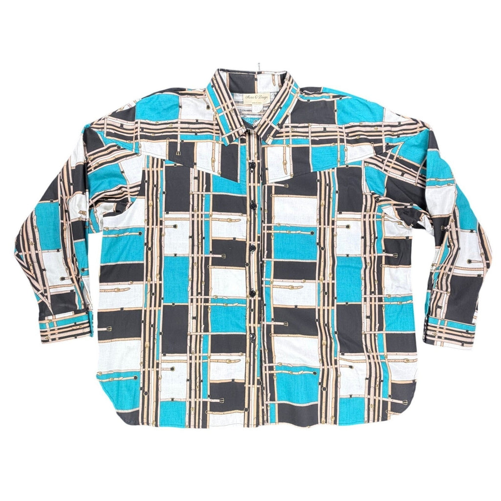 Maria O Design Vintage 90s Western Shirt Womens 3X Teal Cotton Equestrian Print - take2supply