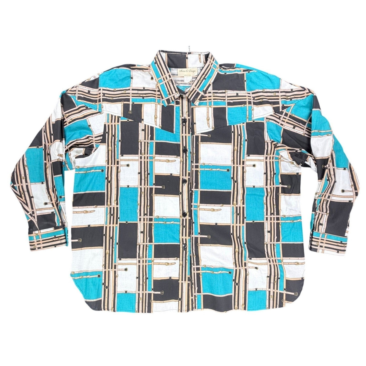 Maria O Design Vintage 90s Western Shirt Womens 3X Teal Cotton Equestrian Print - take2supply