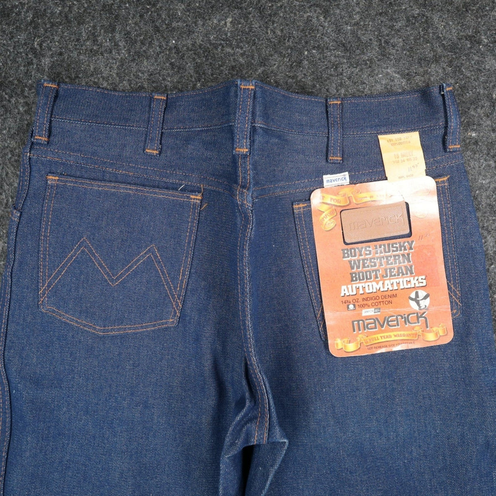 Maverick Western Boot Jean Boys Husky 18 W34 L30 Vintage USA Indigo Denim NOS