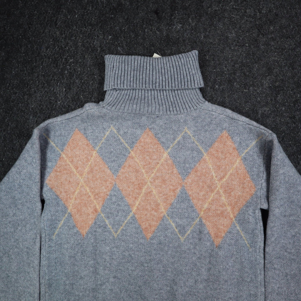 Hem & Thread Argyle Turtleneck Sweater Womens Medium Grey Peach Knit 30984 NEW