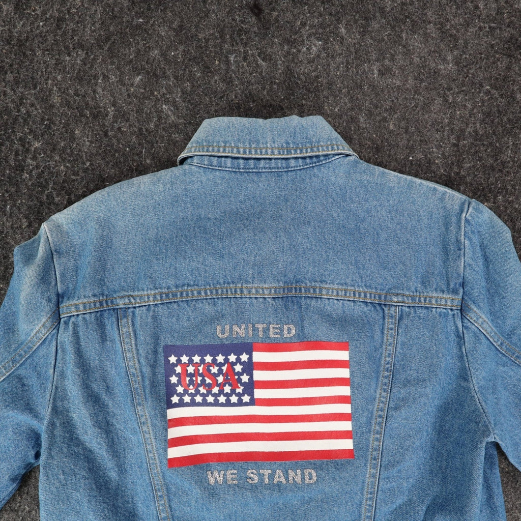 Tabloid Denim Jacket Medium Y2K Blue Cotton United We Stand USA Flag Graphic