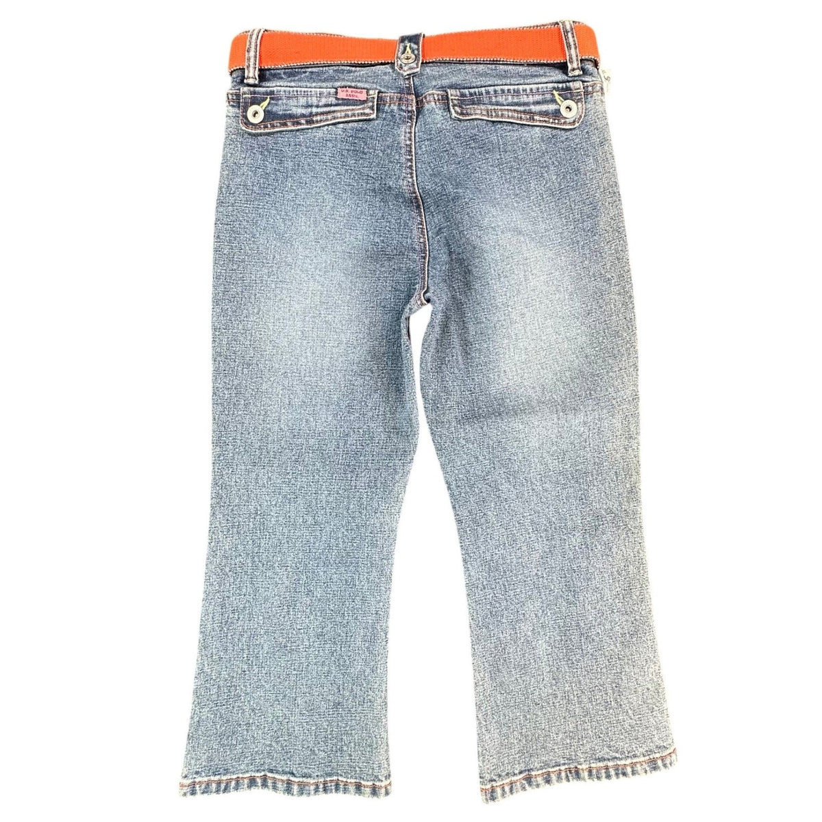 US Polo Assn Vintage Y2K Flare Jeans Girls 14 Blue Denim Orange Belt NWT