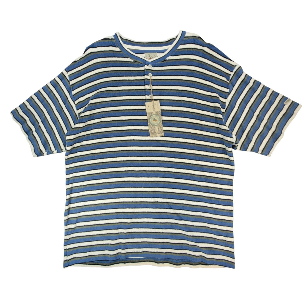 Vintage Ferruche Mens XL Henley Shirt Striped French Terry Blue White NWT 90s