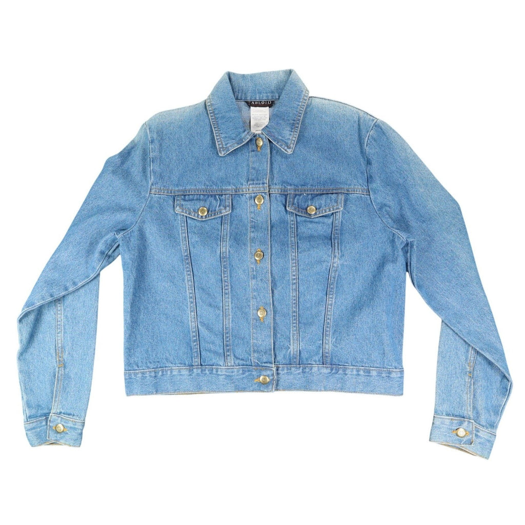 Tabloid Denim Jacket Medium Y2K Blue Cotton United We Stand USA Flag Graphic