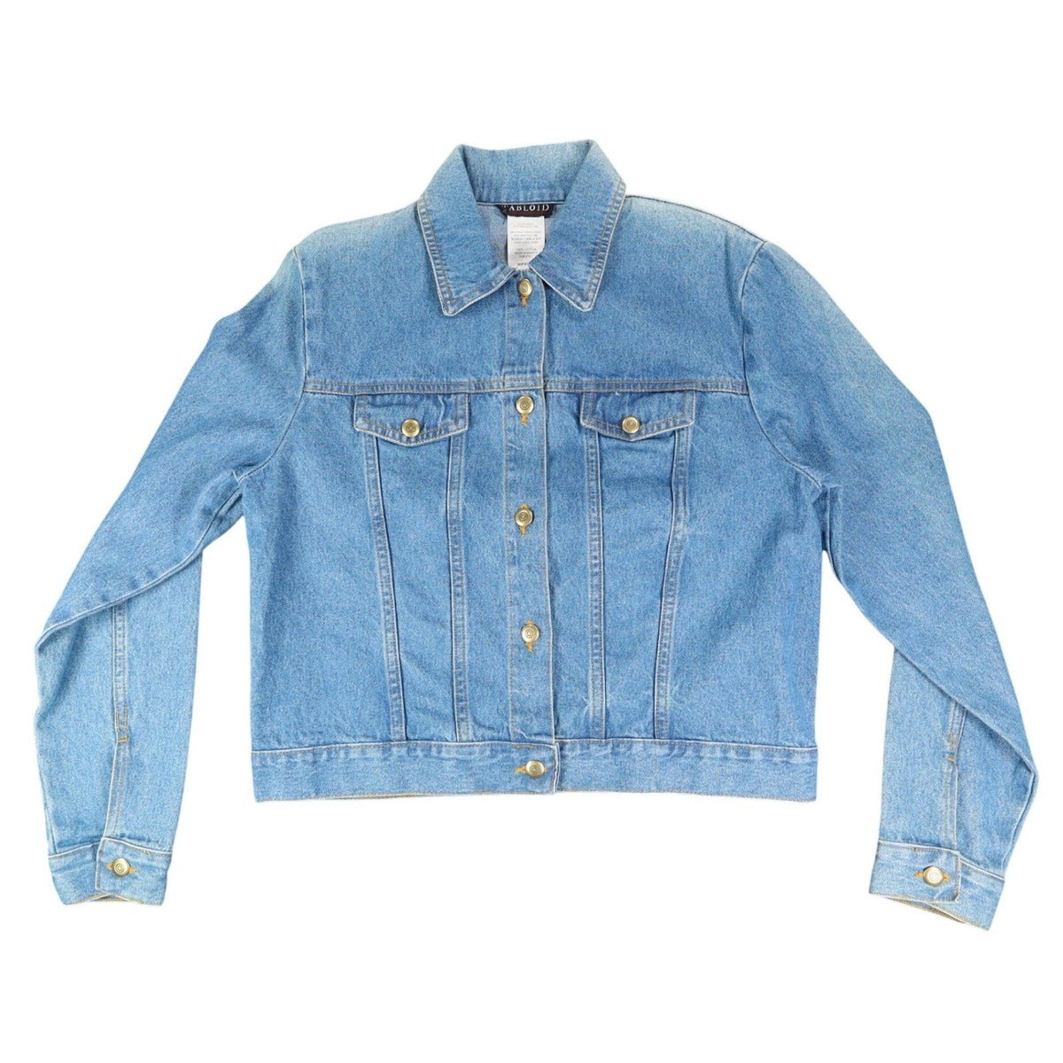 Tabloid Denim Jacket Medium Y2K Blue Cotton United We Stand USA Flag Graphic