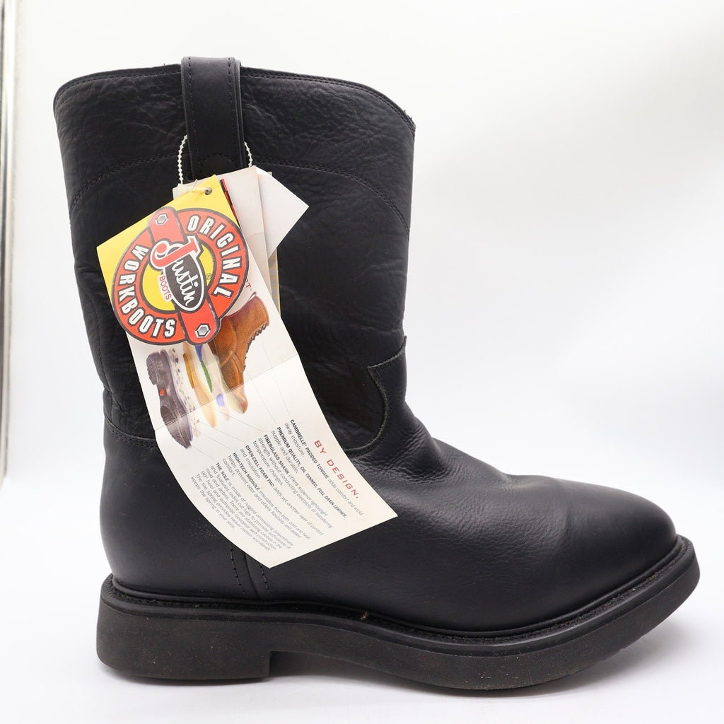 Justin Boots Mens 12 EE Black Leather Work Boots Pull On Roper 4763 NIB