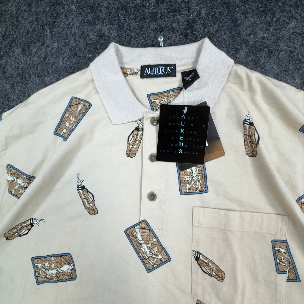 Aureus Polo Shirt Mens Large Vintage 90s Beige Mercerized Cotton Golf Print New