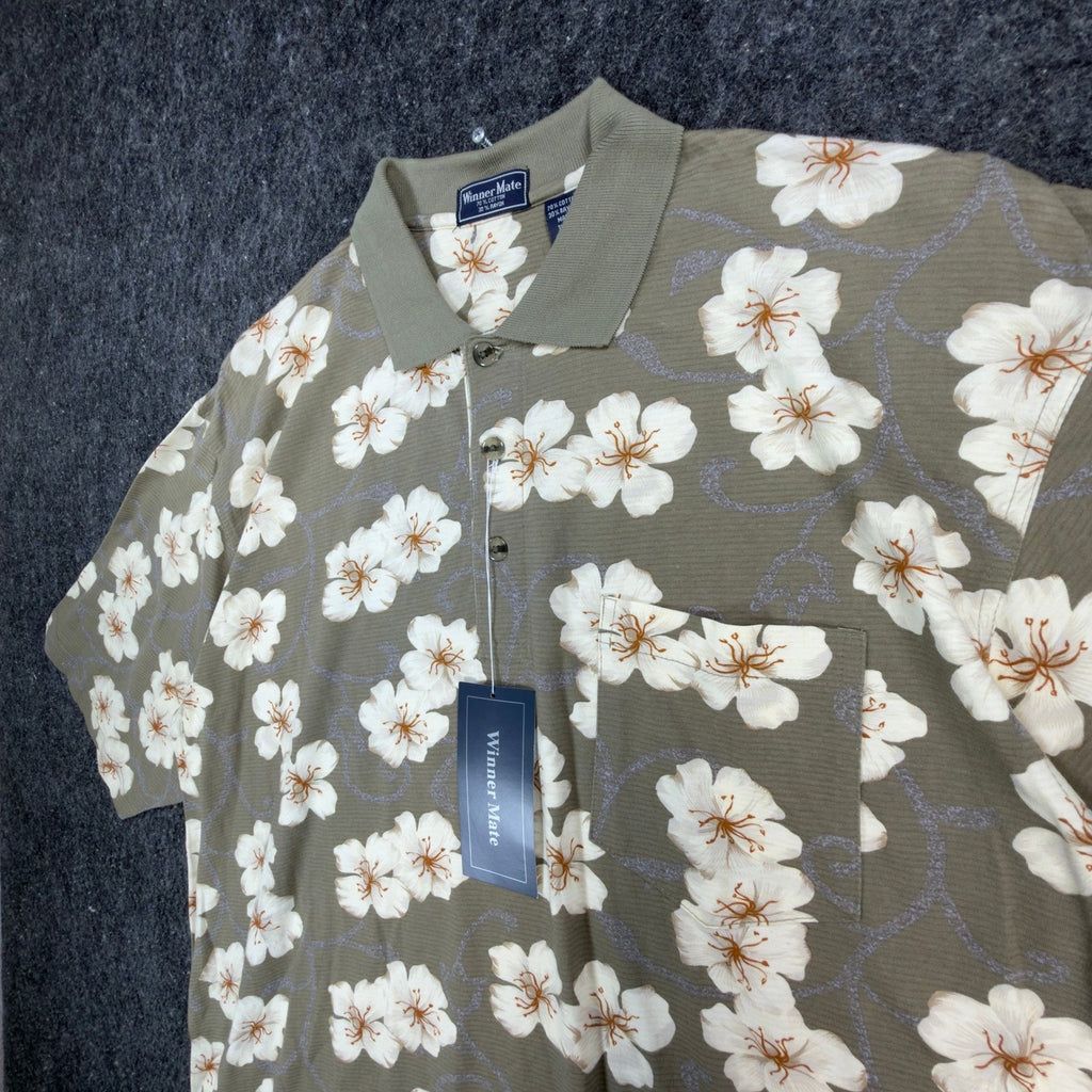 Winner Mate Polo Shirt Mens Large Vtg Floral Cotton Rayon Olive Green Deadstock