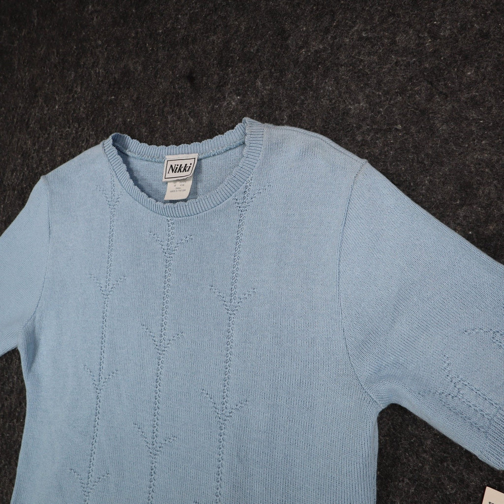 Nikki Short Sleeve Sweater Womens Small Petite Vintage 90s Dove Blue Pointelle