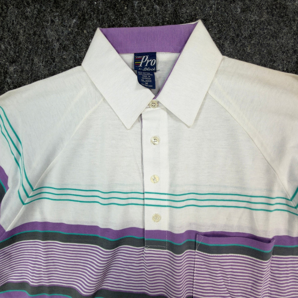 The Pro by Block Polo Shirt Mens Medium Vintage 90s White Purple Striped Pocket