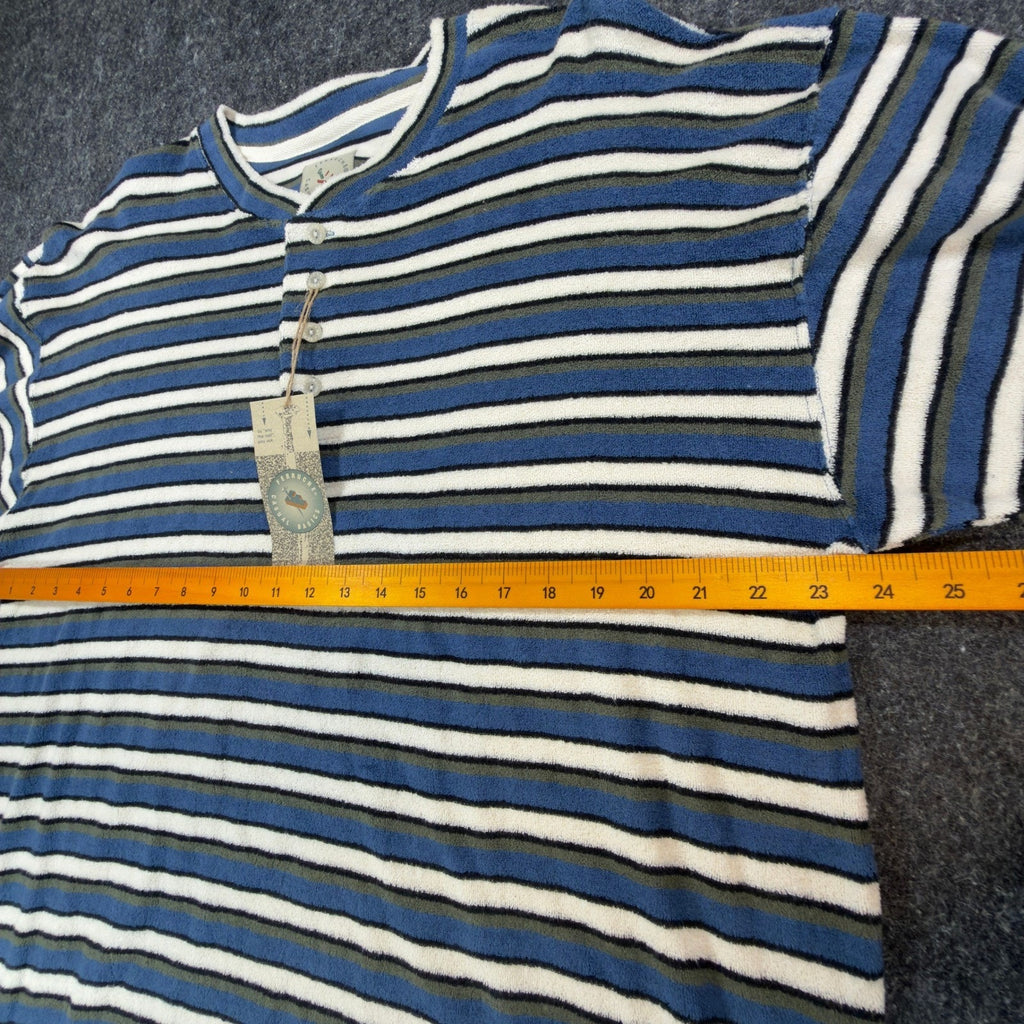 Ferruche Henley Shirt Mens Large Vintage 90s Indigo Blue Striped Cotton Terry